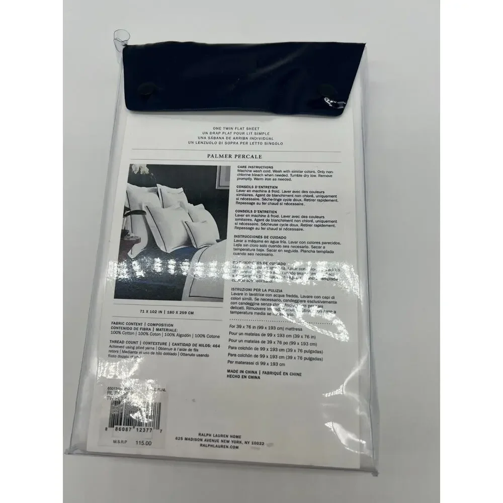 Ralph Lauren RL Palmer Percale White Twin Flat Sheet Pale Flnl $115 NWT